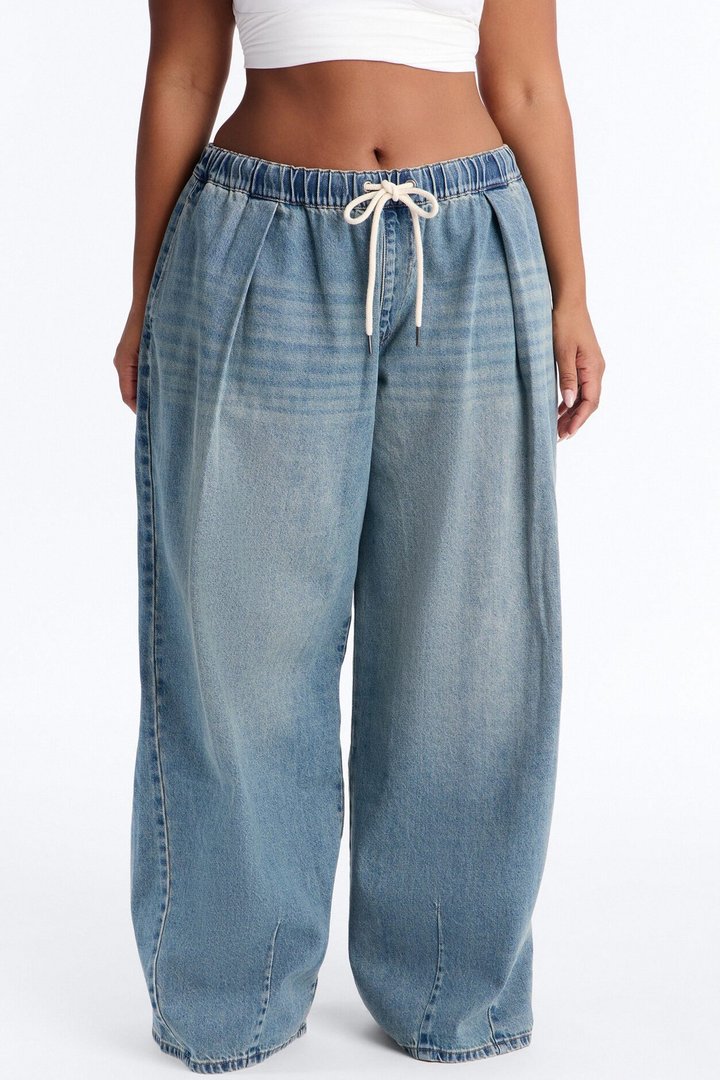 Direct Flight Tie Waist Baggy Jeans - Light Wash
