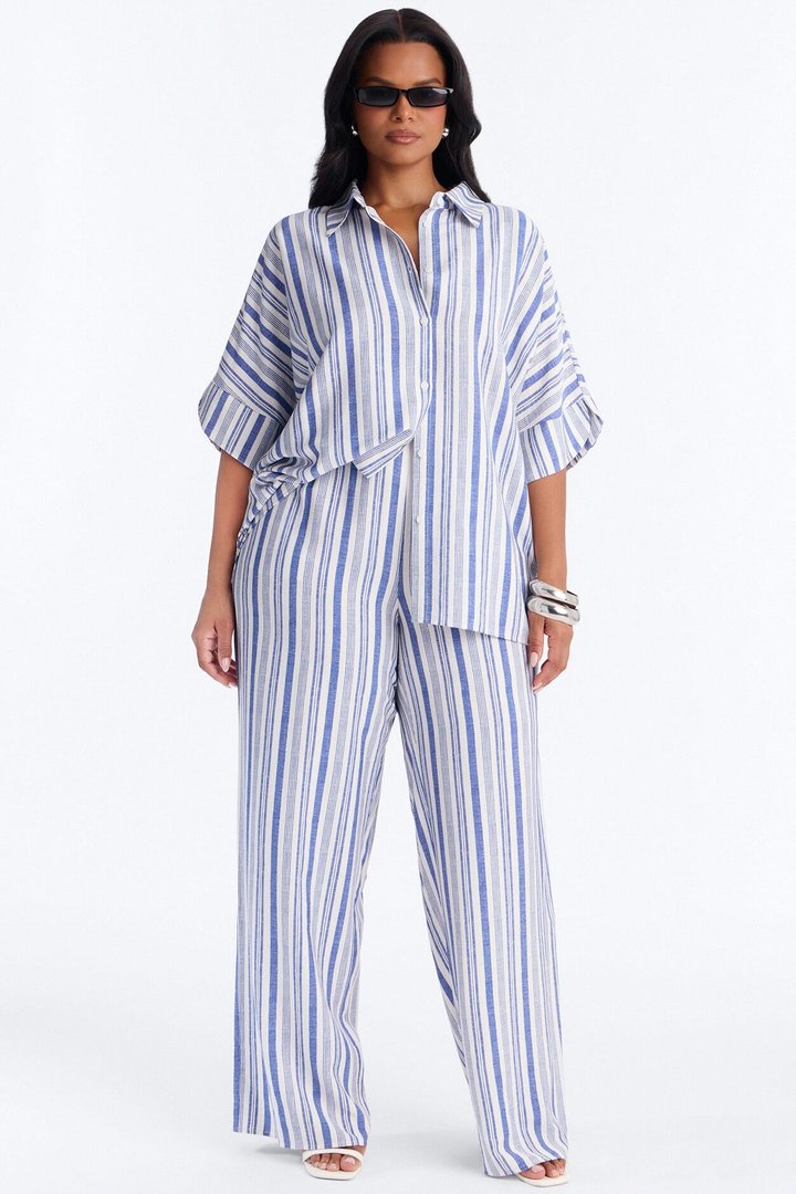 Kacey Striped Shirt Pant Set - Blue/combo