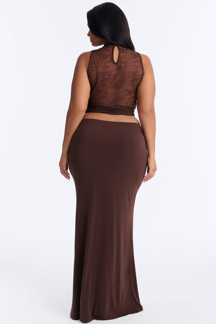 Kyra Cowl Neck Lace Maxi Skirt Set - Chocolate