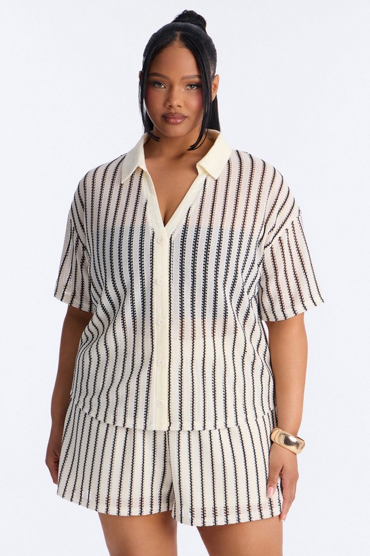 Azura Striped Crochet Short Set - Off White
