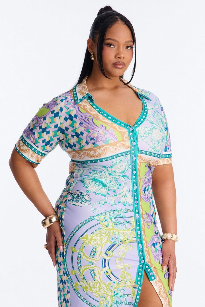 Caitlin Button Up Printed Midi Dress - Green/combo