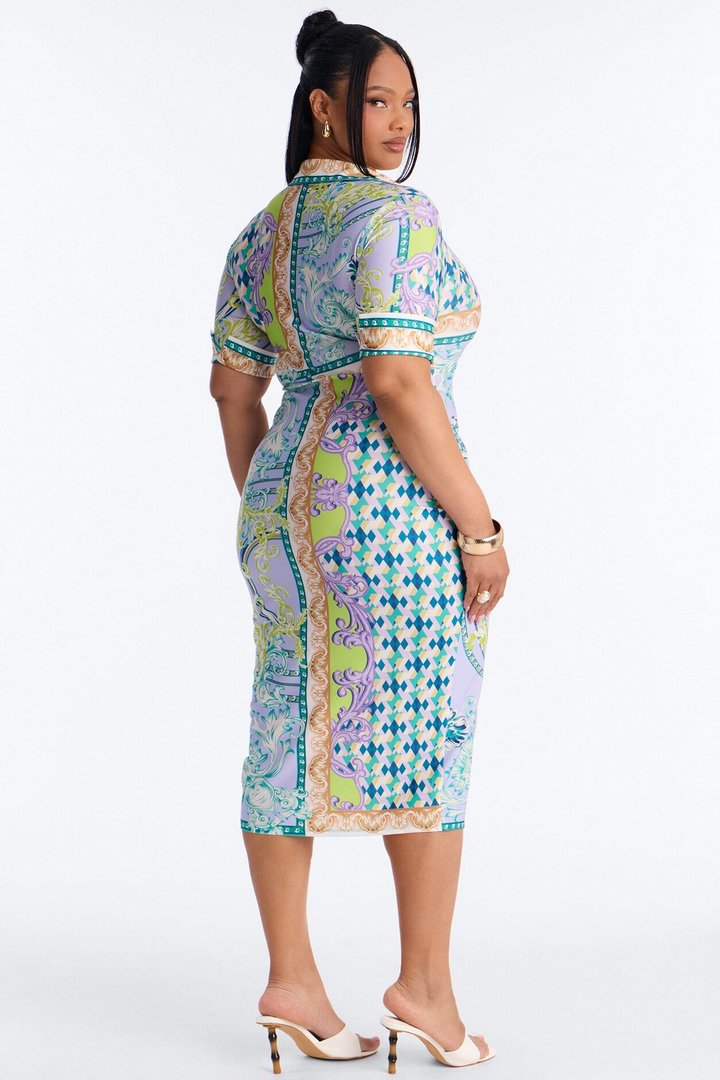 Caitlin Button Up Printed Midi Dress - Green/combo