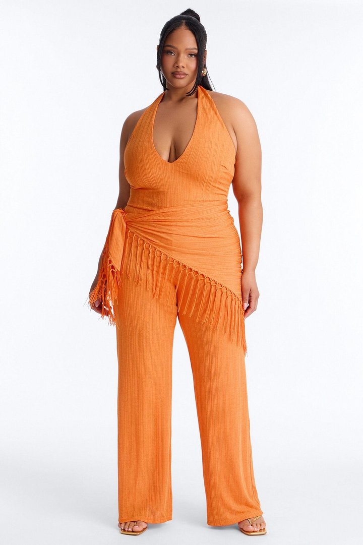 Too Chic Jumpsuit And Waist Scarf Set - Orange