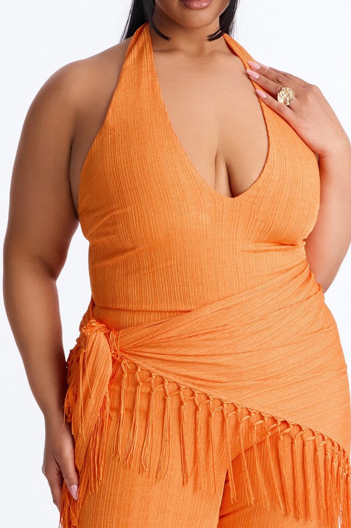 Too Chic Jumpsuit And Waist Scarf Set - Orange