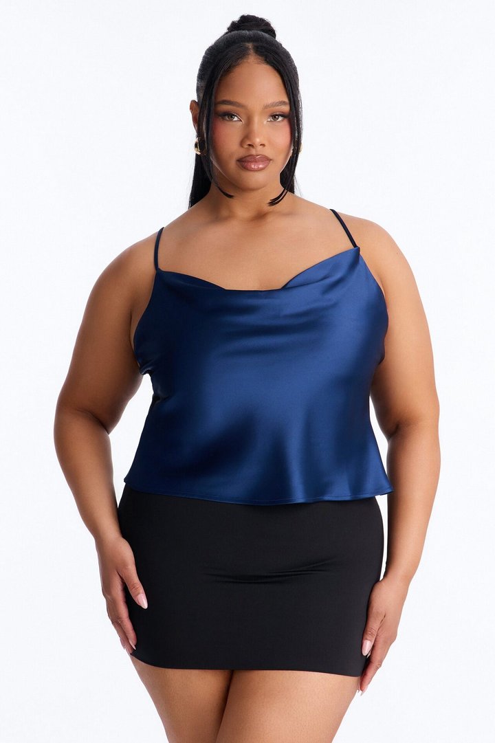 Barely There Cowl Neck Satin Cami Top - Navy