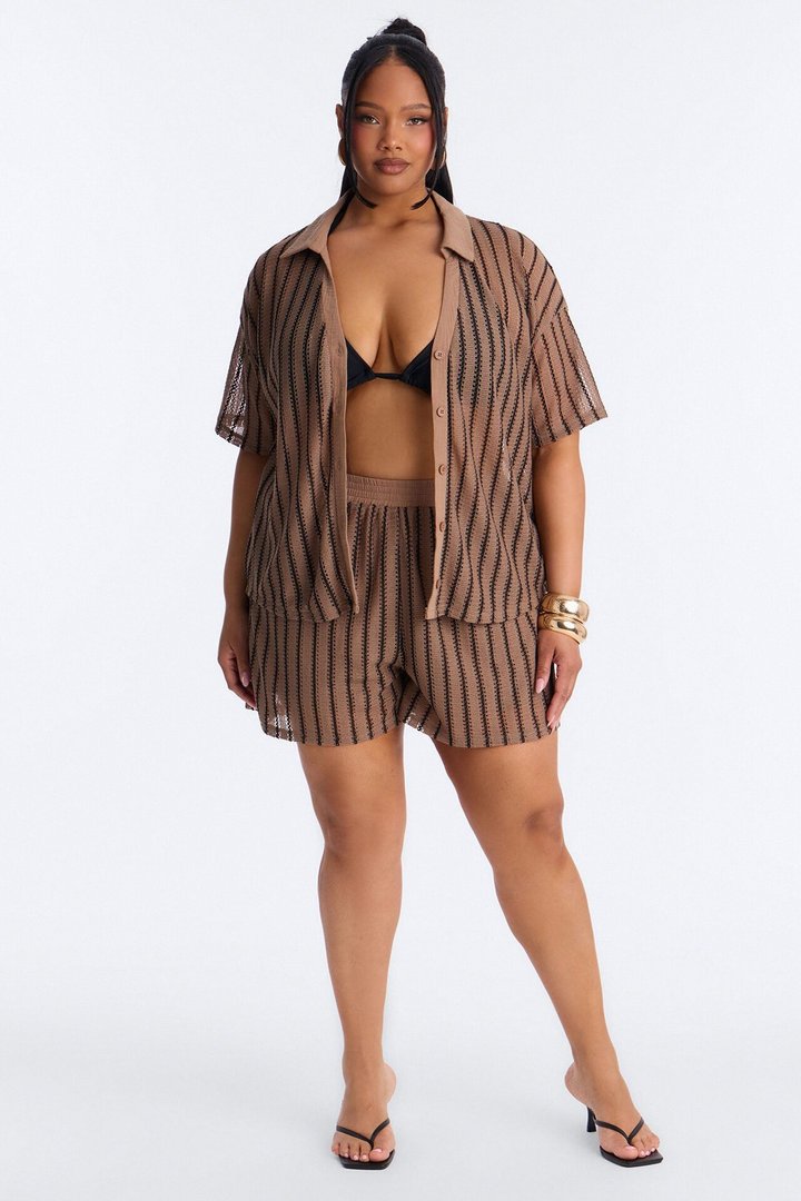 Azura Striped Crochet Short Set - Brown