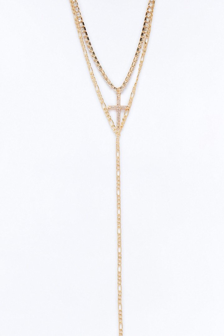 Amelia Cross Lariat Necklace - Gold