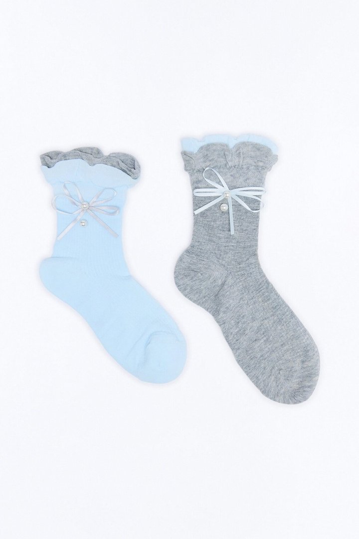 Bows And Pearls 2 Pack Crew Socks - Blue/combo