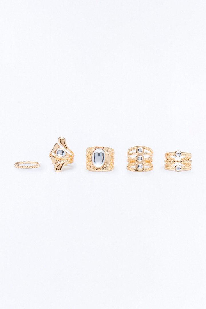 Avery Jeweled 5 Piece Ring Set - Gold/Clear