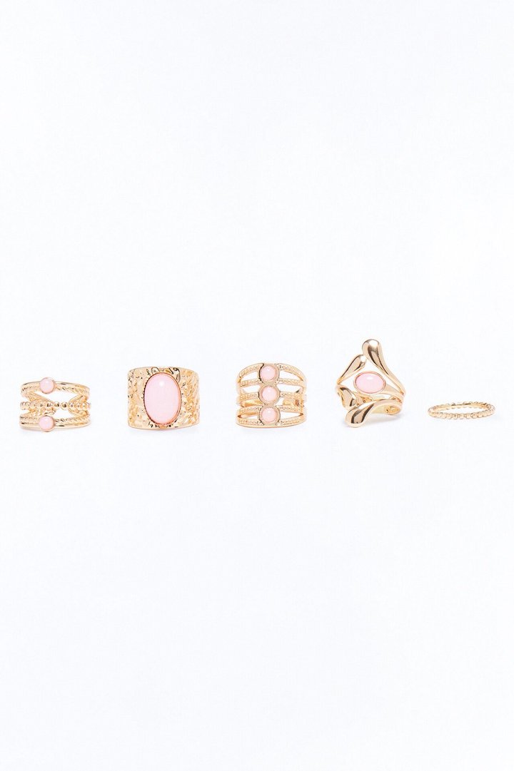 Avery Jeweled 5 Piece Ring Set - Gold/Pink