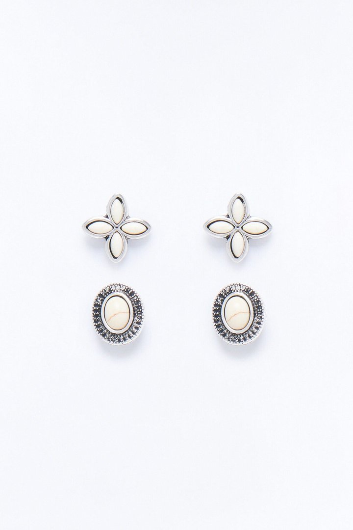 Jeweled Stone 2 Pair Earring Set - White/Silver