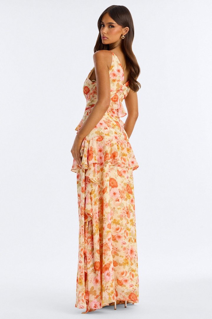 Tabitha Floral Chiffon Maxi Dress - Coral/combo