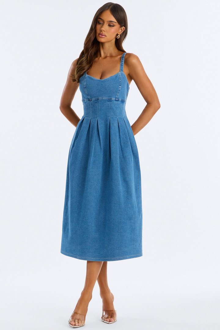 Greta Pleated Denim Midi Dress - Medium Wash