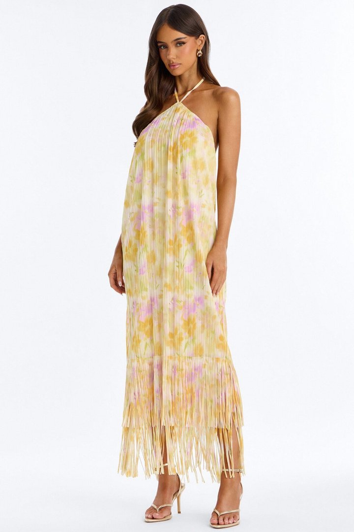 Arabella Plisse Fringe Halter Maxi Dress - Yellow/combo