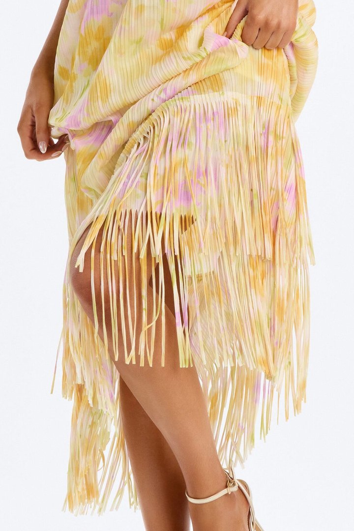 Arabella Plisse Fringe Halter Maxi Dress - Yellow/combo