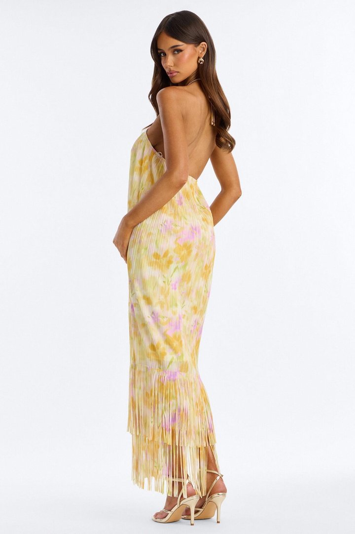Arabella Plisse Fringe Halter Maxi Dress - Yellow/combo