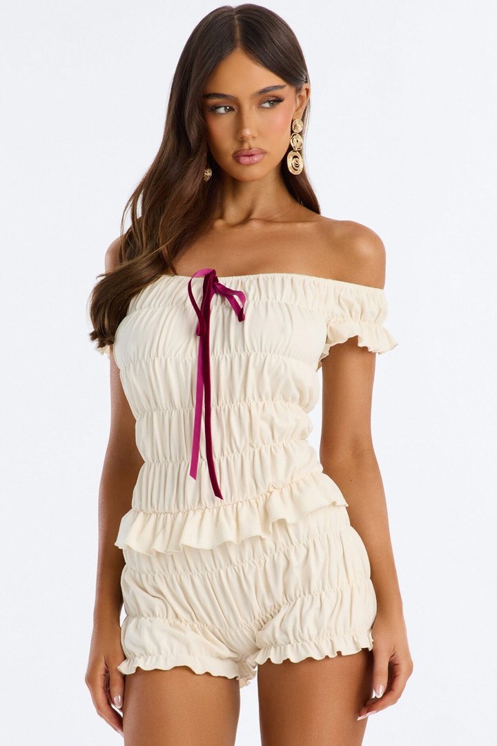 Cece Off Shoulder Ruffle Micro Romper - Ivory