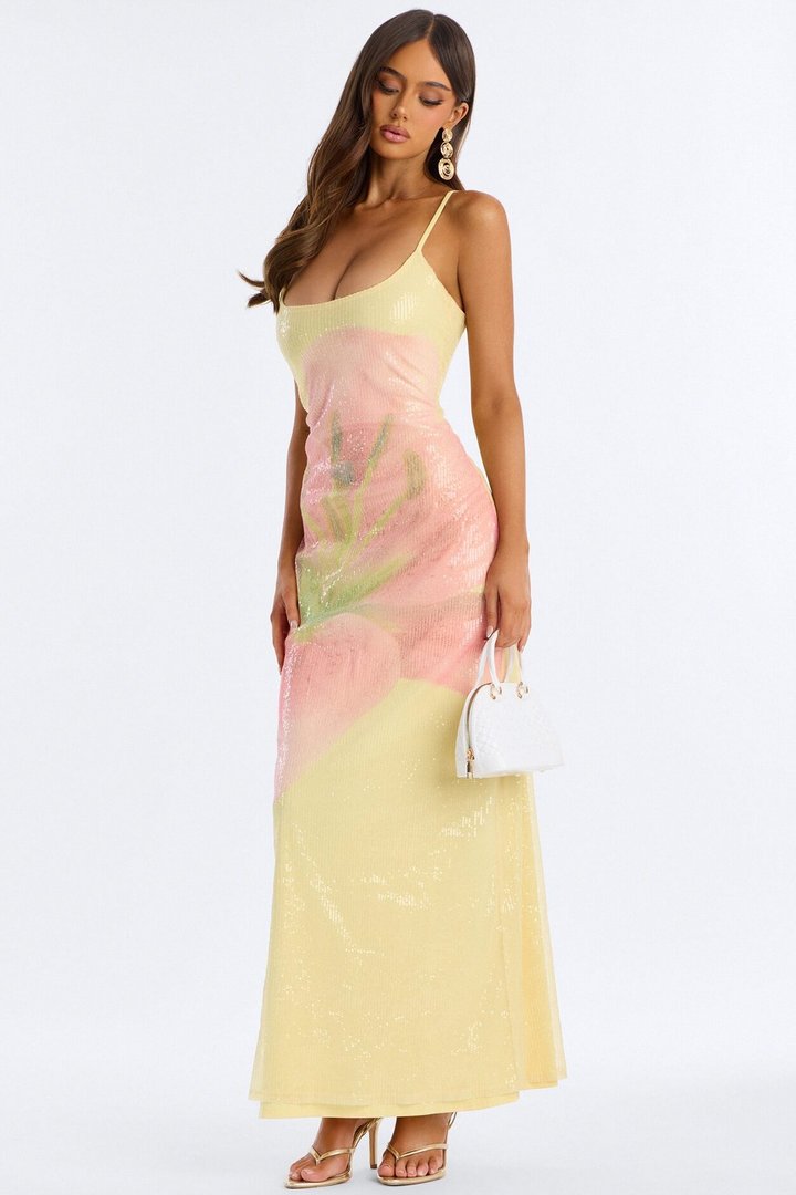 Sunset Bloom Floral Sequin Maxi Dress - Yellow/combo