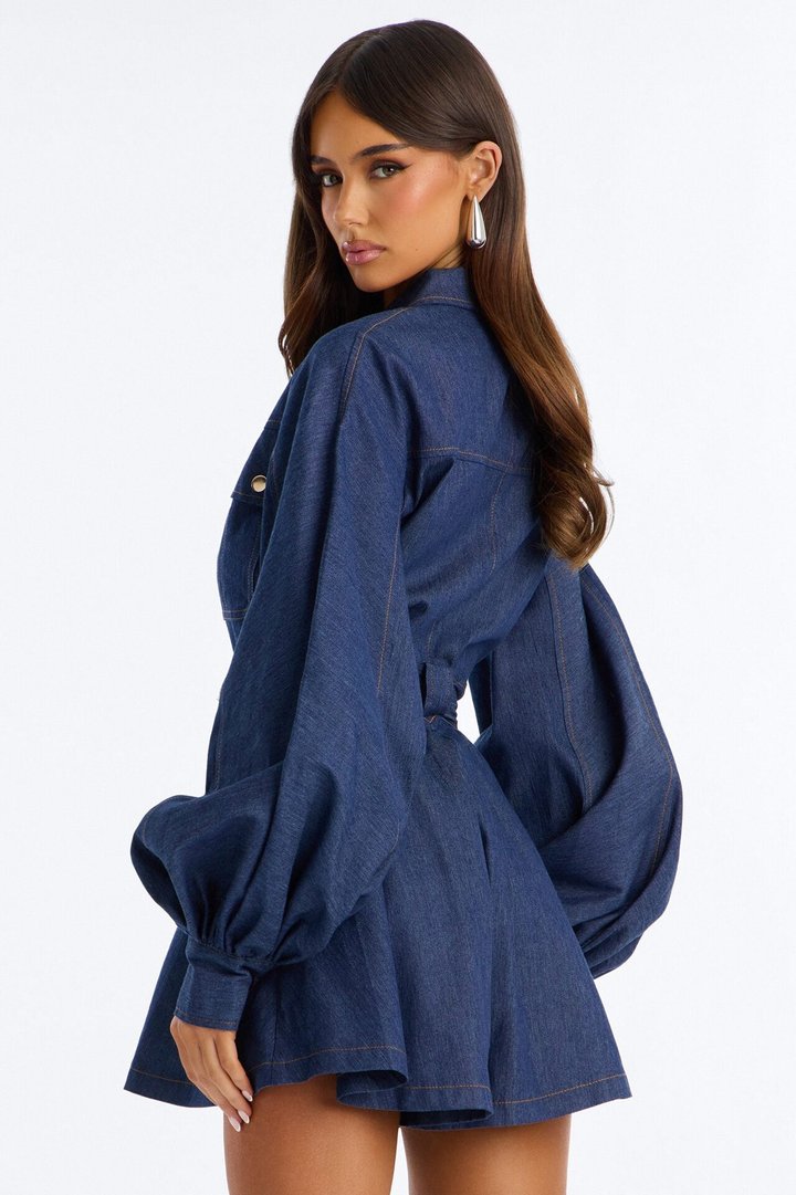 Nelly Belted Denim Romper - Dark Wash