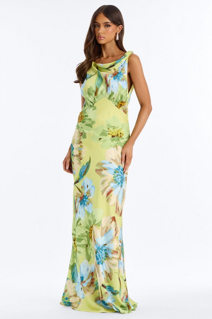 Kyra Cowl Neck Satin Maxi Dress - Green/combo