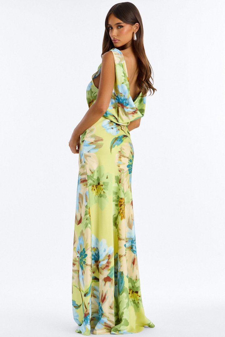 Kyra Cowl Neck Satin Maxi Dress - Green/combo