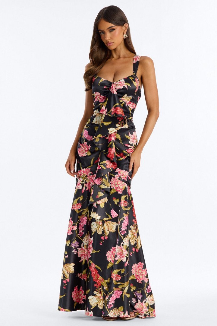 Raylee Lace Up Ruffle Satin Gown - Black/combo