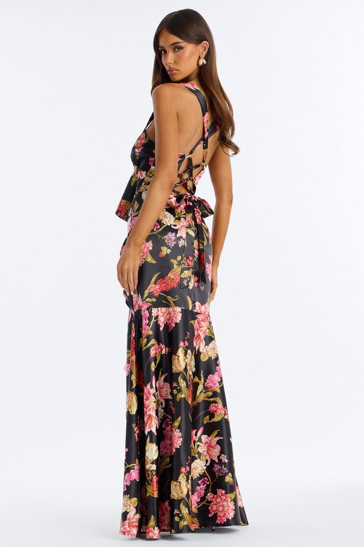 Raylee Lace Up Ruffle Satin Gown - Black/combo
