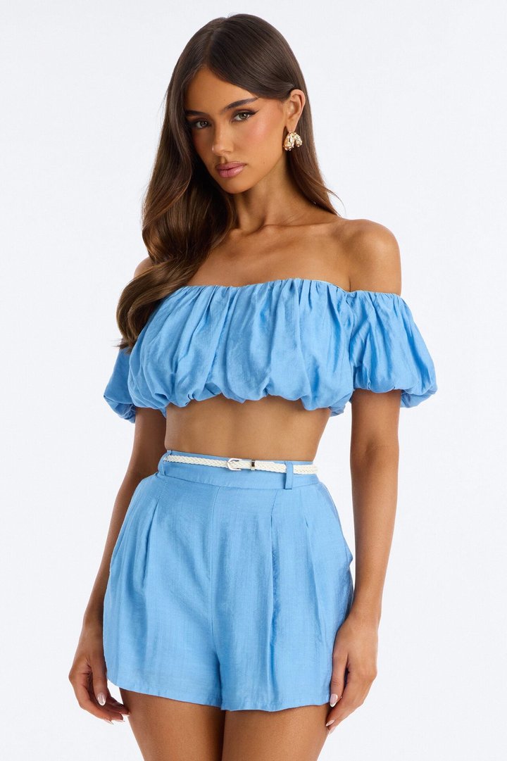 Bethany Belted Linen Short Set - Blue
