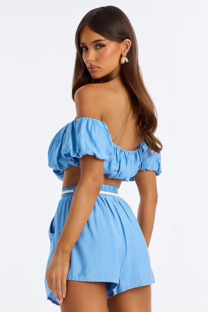 Bethany Belted Linen Short Set - Blue
