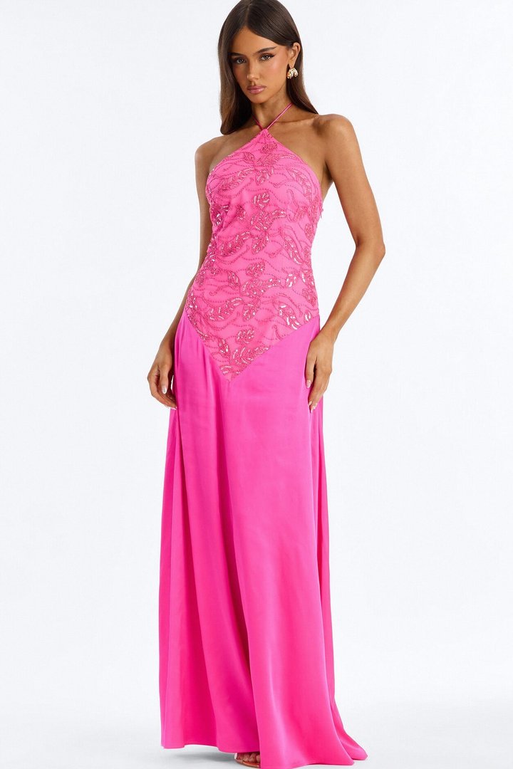 Sasha Embroidered Satin Gown - Hot Pink