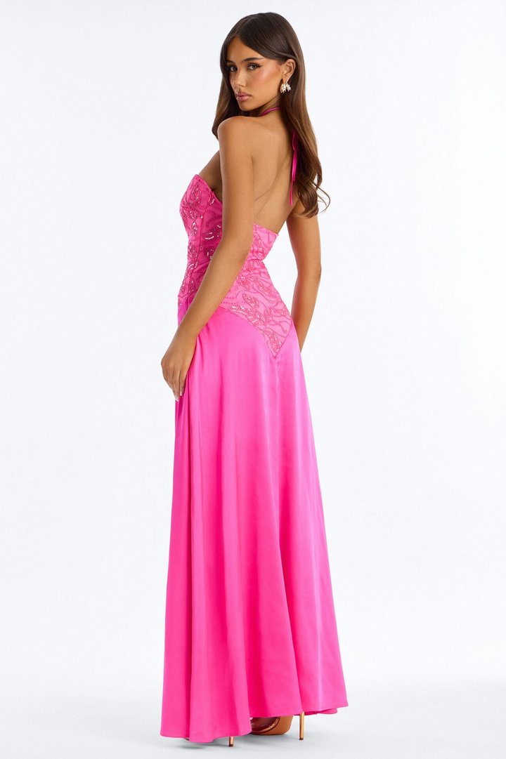 Sasha Embroidered Satin Gown - Hot Pink