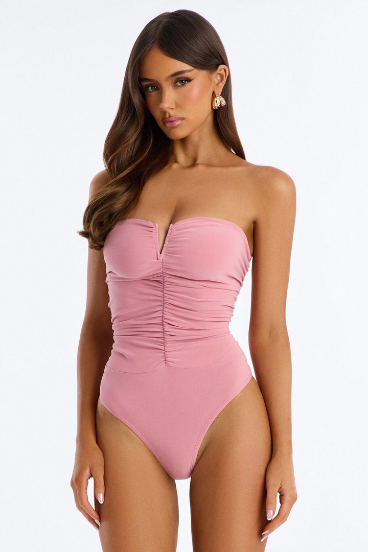 Gentle Blossom Ruched Notch Neck Strapless Bodysuit - Blush