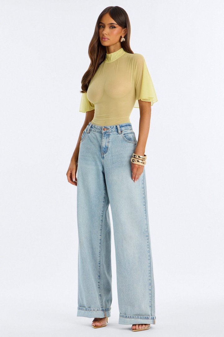 Natalie Mesh Mock Neck Ruffle Sleeve Bodysuit - Butter Yellow