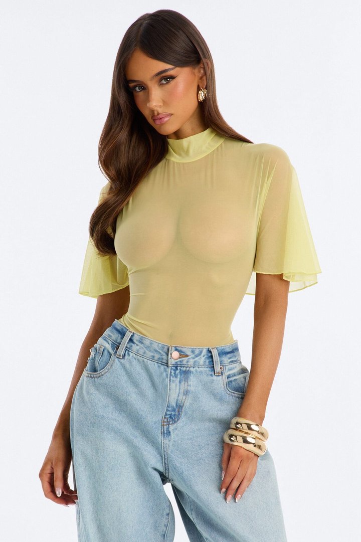 Natalie Mesh Mock Neck Ruffle Sleeve Bodysuit - Butter Yellow