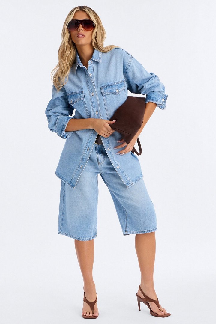 Going Downtown Denim Belted Jort Set - Light Wash