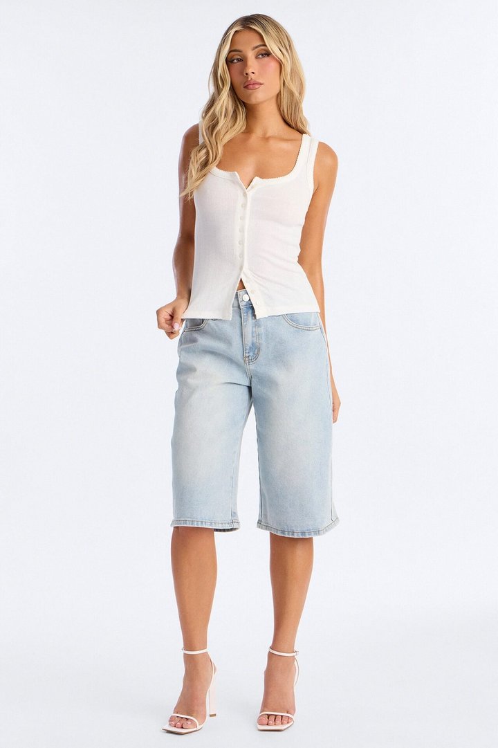 Pointelle Button Front Scoop Neck Tank Top - White