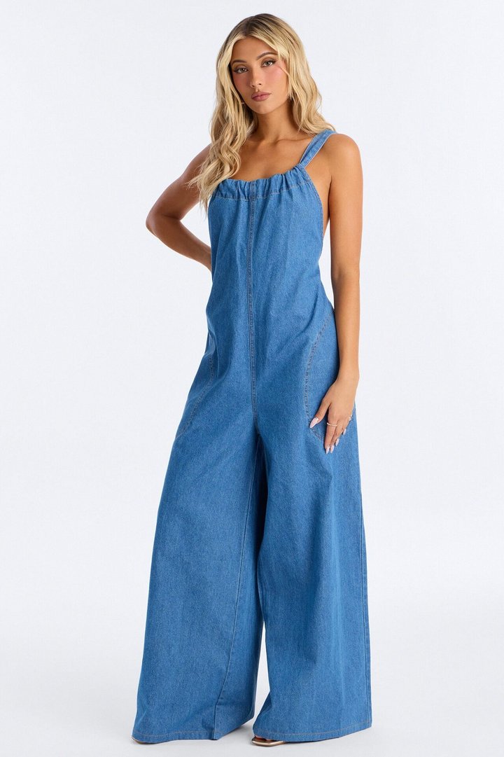 Back Tie Blues Wide Leg Jumpsuit - Medium Wash