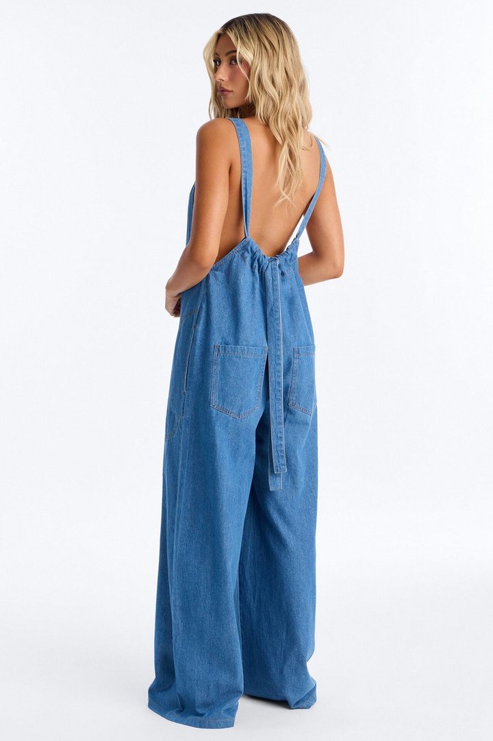 Back Tie Blues Wide Leg Jumpsuit - Medium Wash
