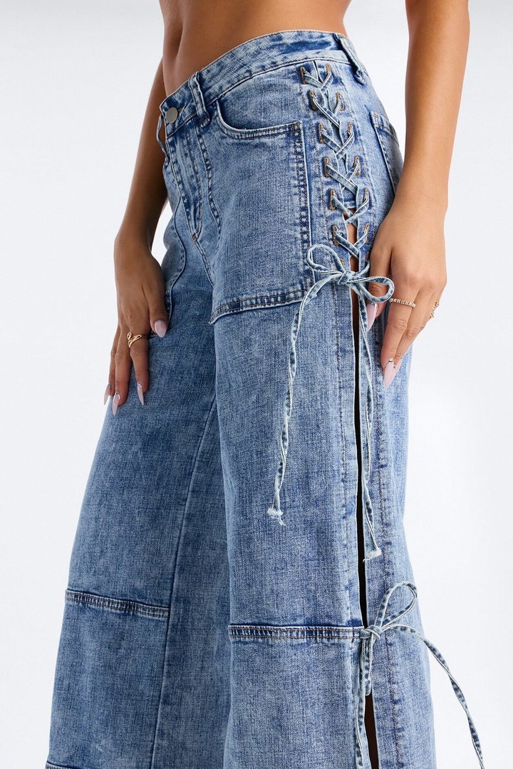 Pull Through Lace Up Stretch Tie Jeans - Medium Wash