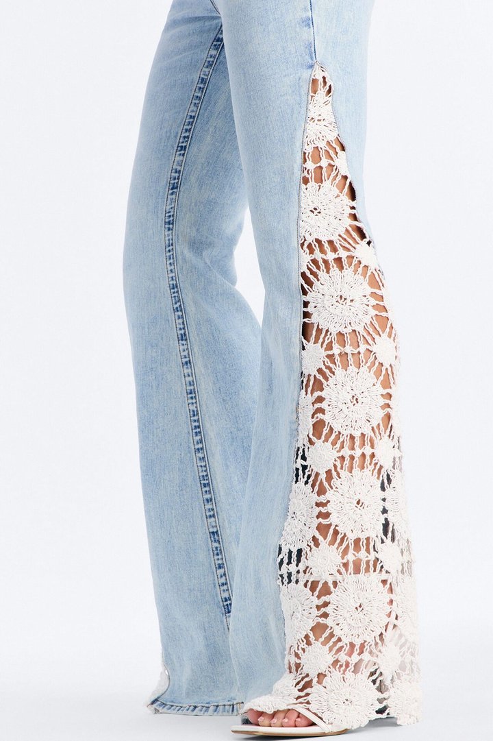 Lucy Low Rise Crochet Flare Jeans - Light Wash