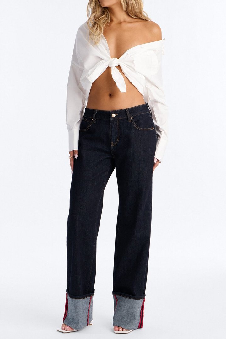 Turned Up Stretch Cuffed Straight Leg Jeans - Dark Wash