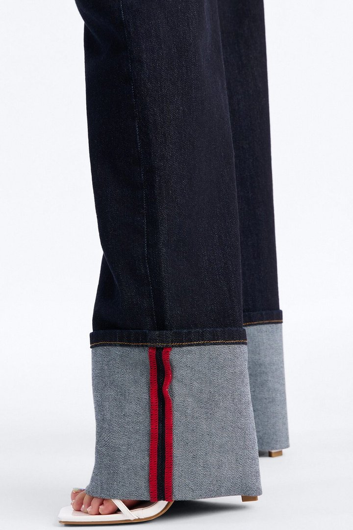 Turned Up Stretch Cuffed Straight Leg Jeans - Dark Wash
