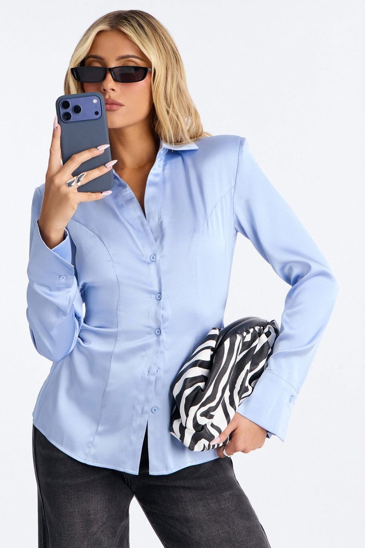 She Sets The Tone Shoulder Pads Satin Shirt - Periwinkle
