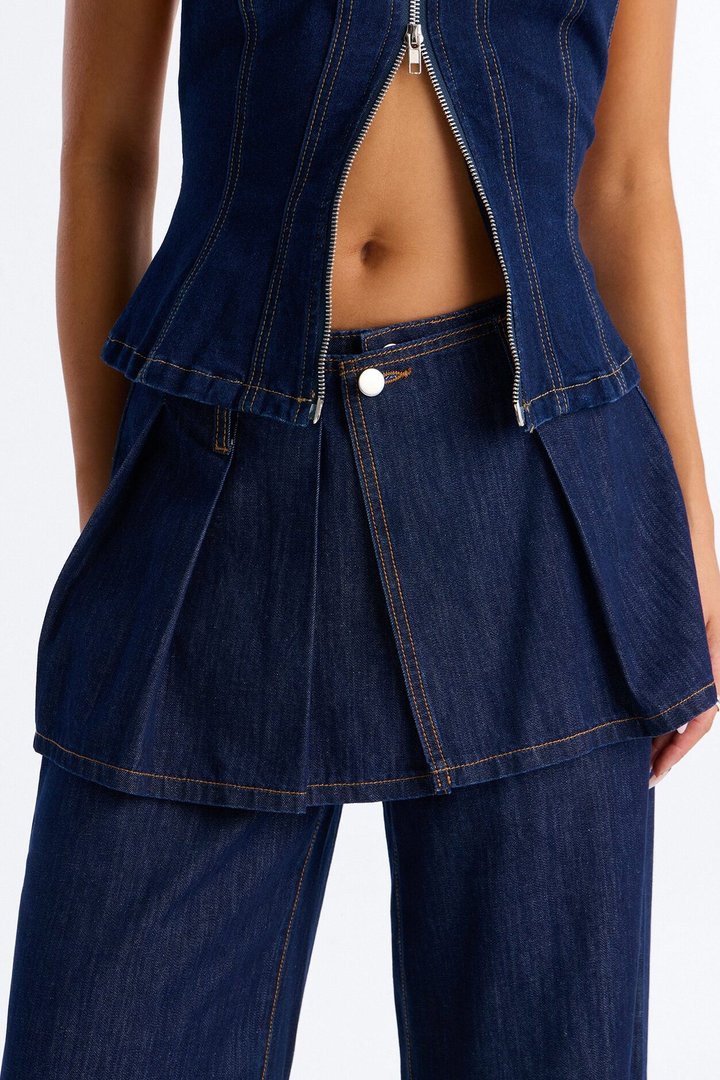 Set The Bar Skirt Overlay Wide Leg Jeans - Dark Wash