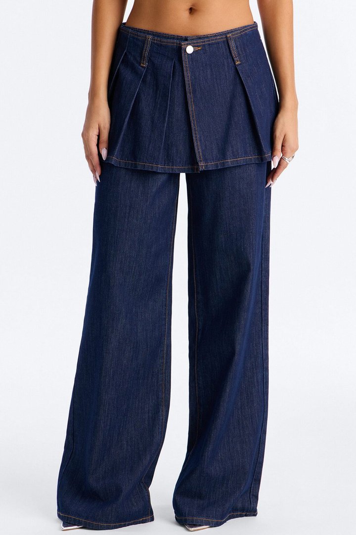Set The Bar Skirt Overlay Wide Leg Jeans - Dark Wash