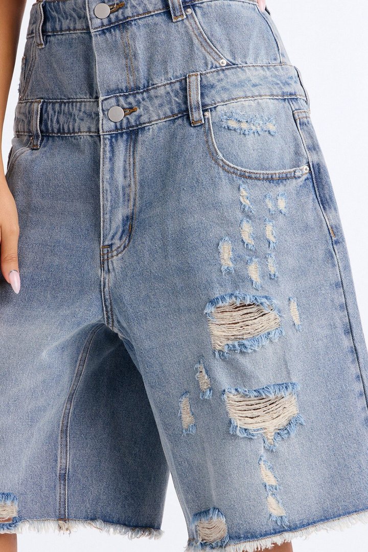 We Stick Together Double Waistband Ripped Denim Jorts - Medium Wash