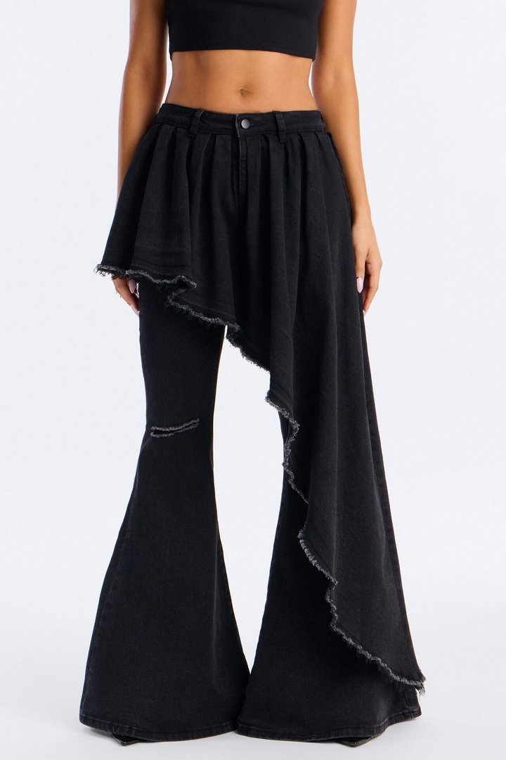 Attachment Issues Skirt Layer Ripped Stretch Flare Jeans - Black Wash