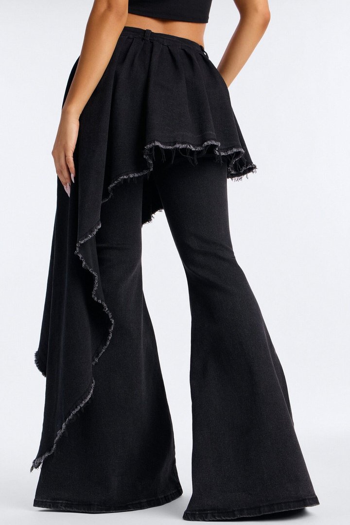 Attachment Issues Skirt Layer Ripped Stretch Flare Jeans - Black Wash