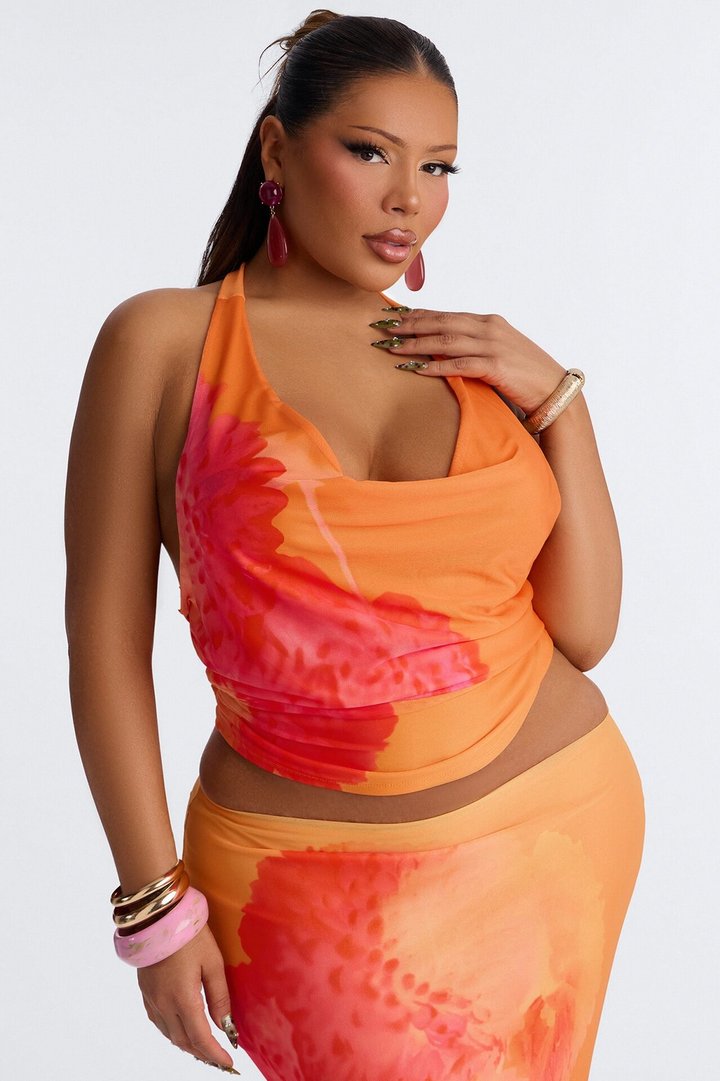 Sunset Petals Halter Mesh Maxi Skirt Set - Orange