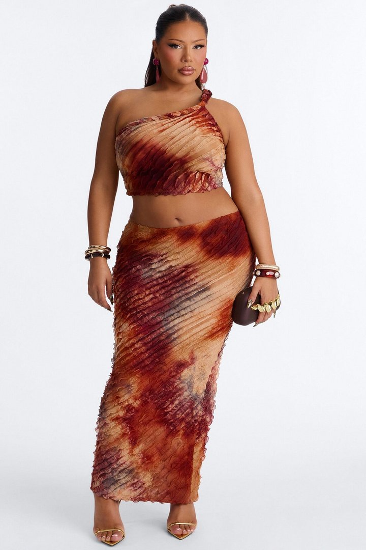 Solis Ruffle Mesh Maxi Skirt Set - Rust/combo